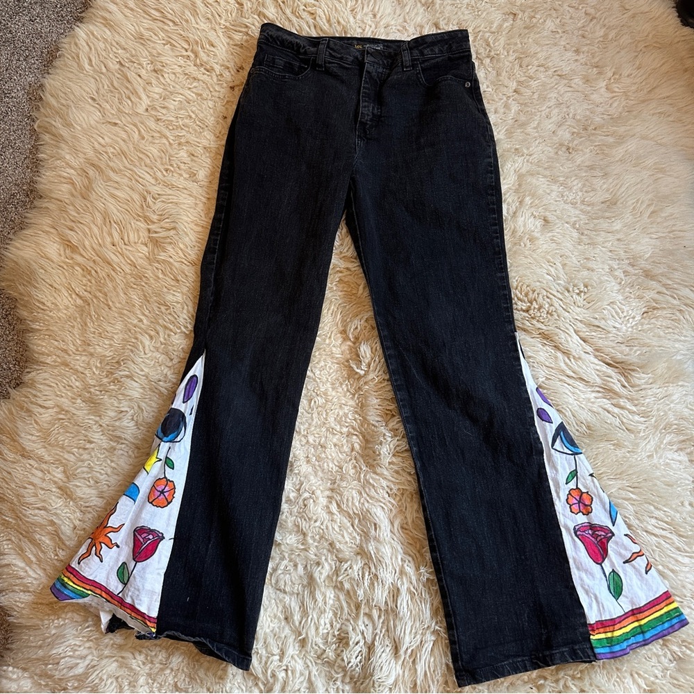 Reworked Upcycled black Lee jeans hand painted bell bottoms roses rainbows 6